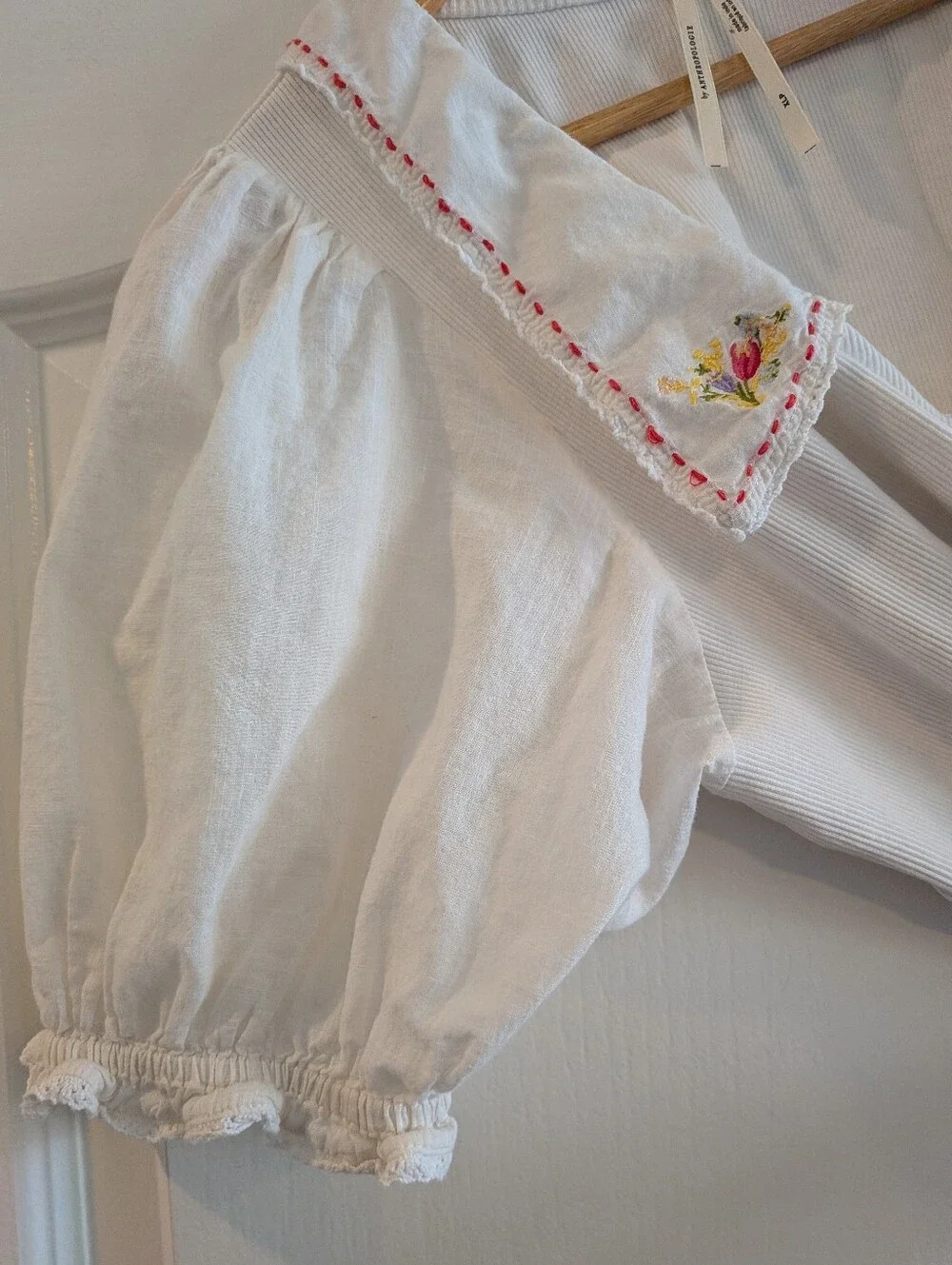 Anthropologie Short Puff Sleeve Collared Floral Embroidered Top White Size XLP